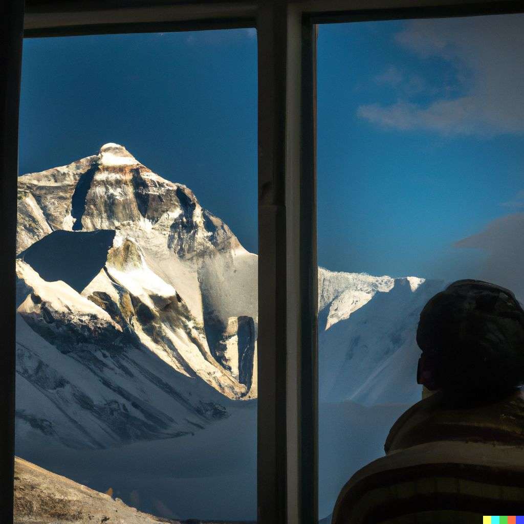 a photograph of someone gazing at Mount Everest seen through a window
